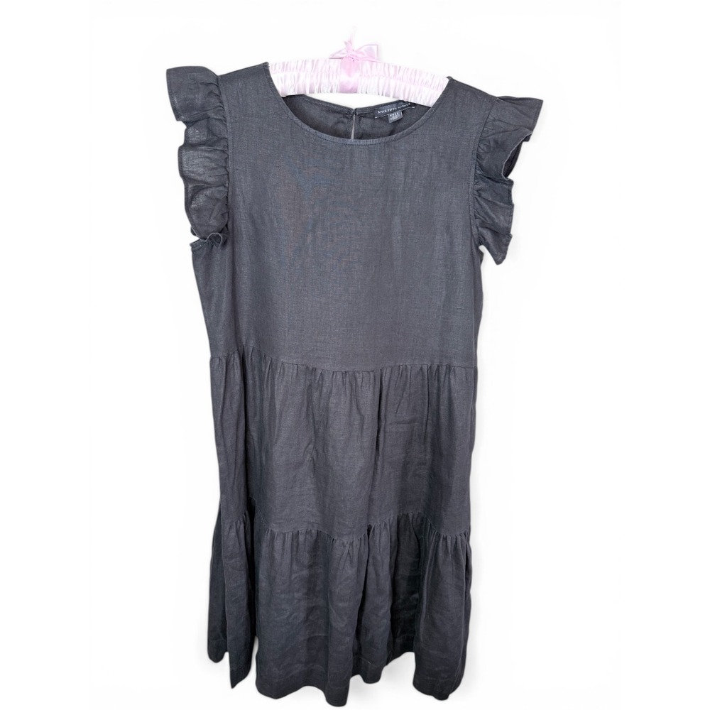 Saks Fifth Avenue 100% Linen Ruffle Tiered Mini Dress Charcoal Grey Womens Small